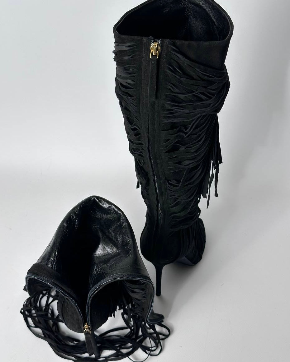 Gucci Becky Suede Fringe Peep Toe Boots — 38/39