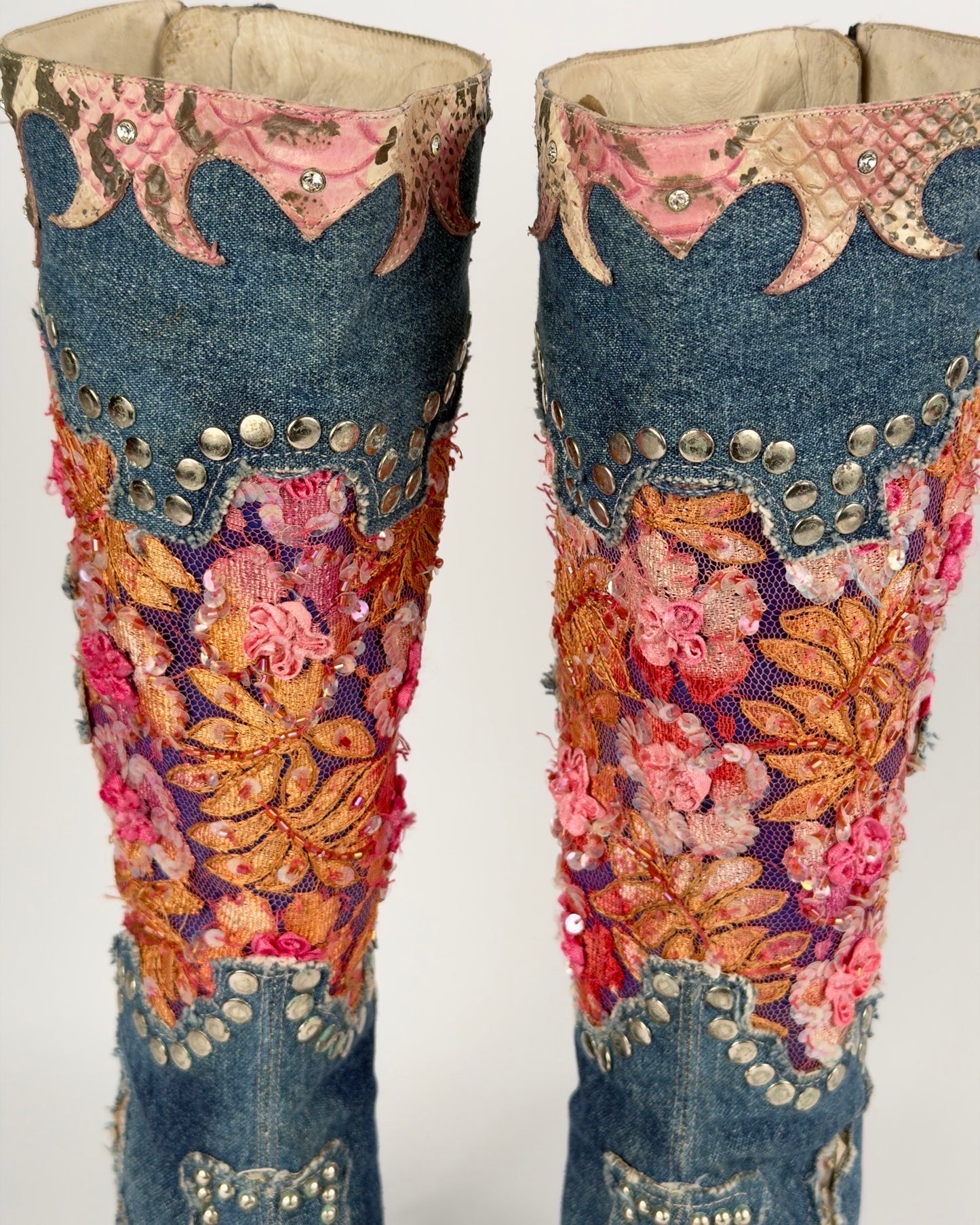 El Dante’s Couture Vintage Denim Boots — 36