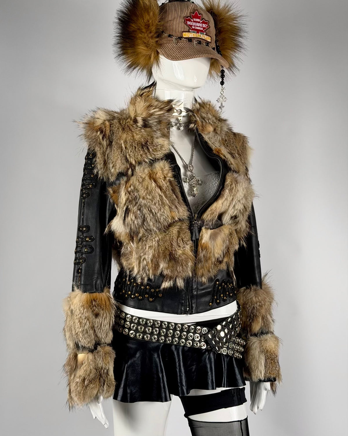 Vintage Fur Leather Studded Jacket — XS/S