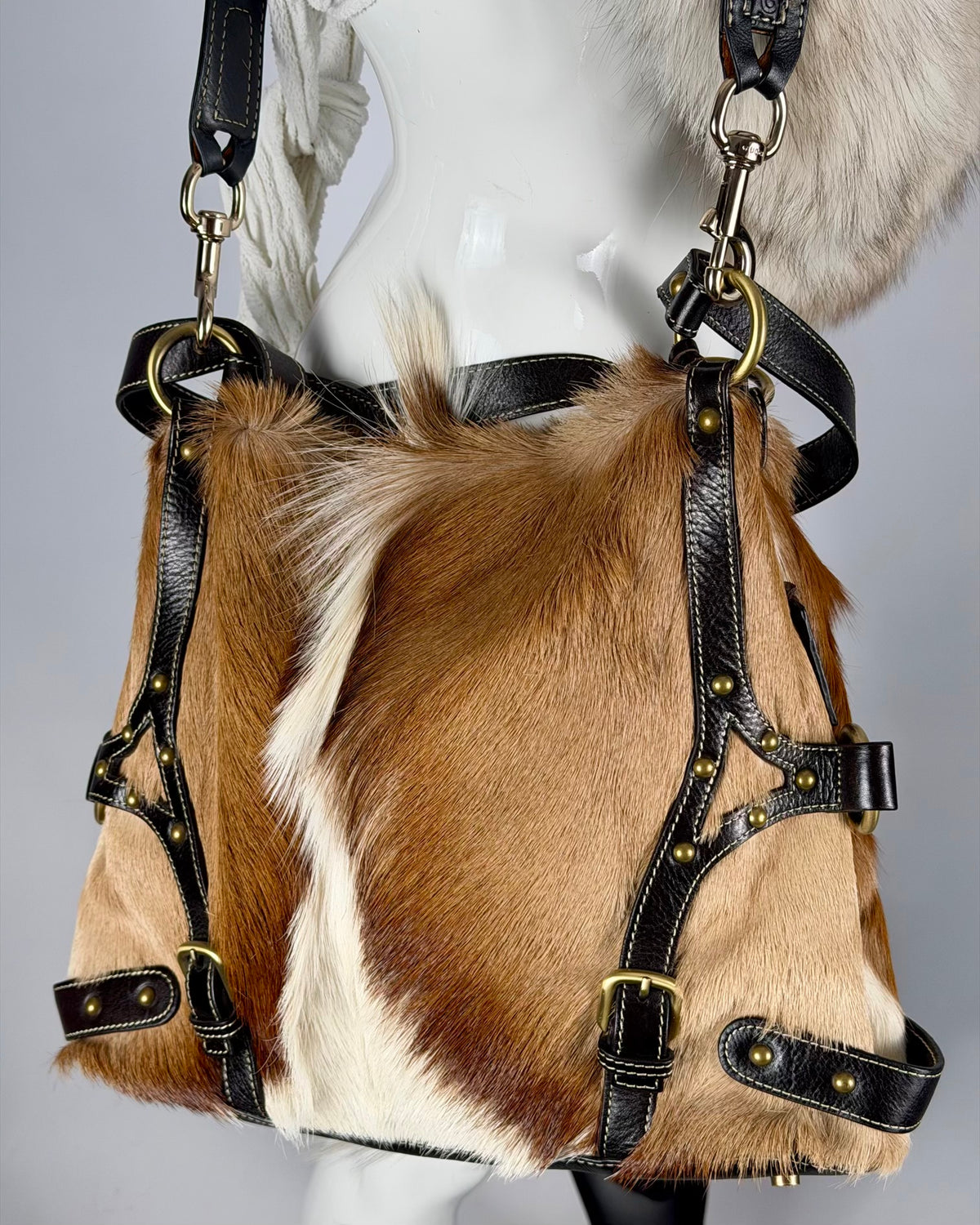 Vintage Cowhide Mohawk Fur Bondage Leather Bag