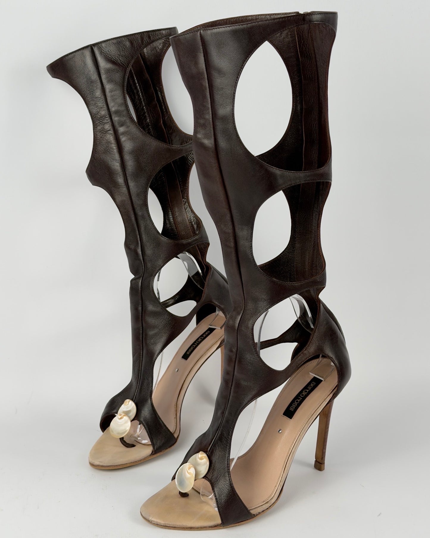 Sergio Rossi Seashells Gladiator Cut Out Boots — 38/38.5