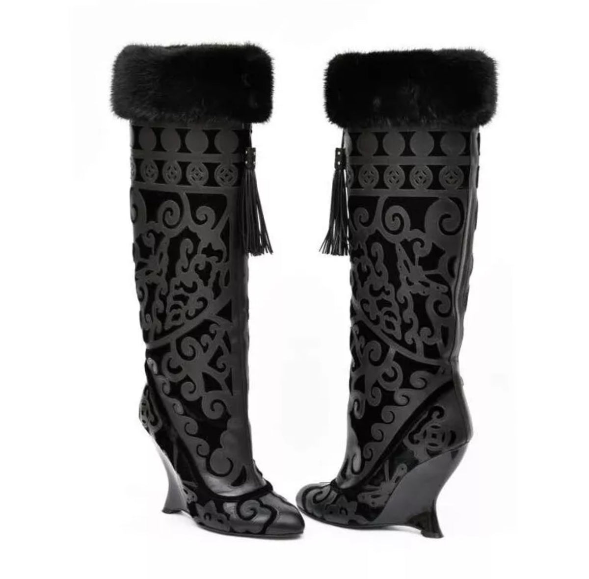 Yves Saint Laurent by Tom Ford F/W 2004 Chinoiserie Fur Wedge Boots — 37