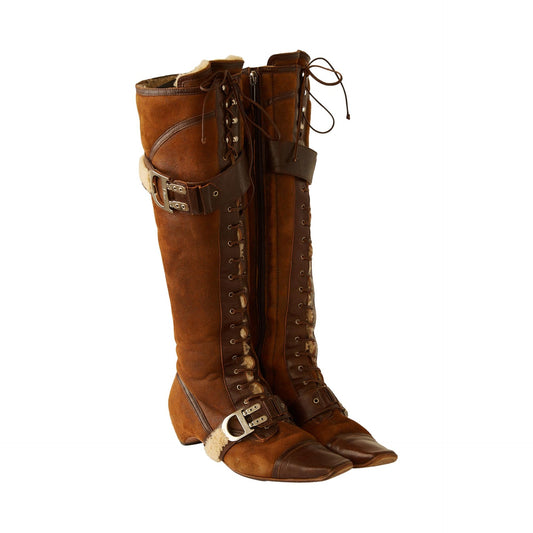Dior By Galliano F/W 2005 Runway Shearling Lace Up Boots 40.5/41.5