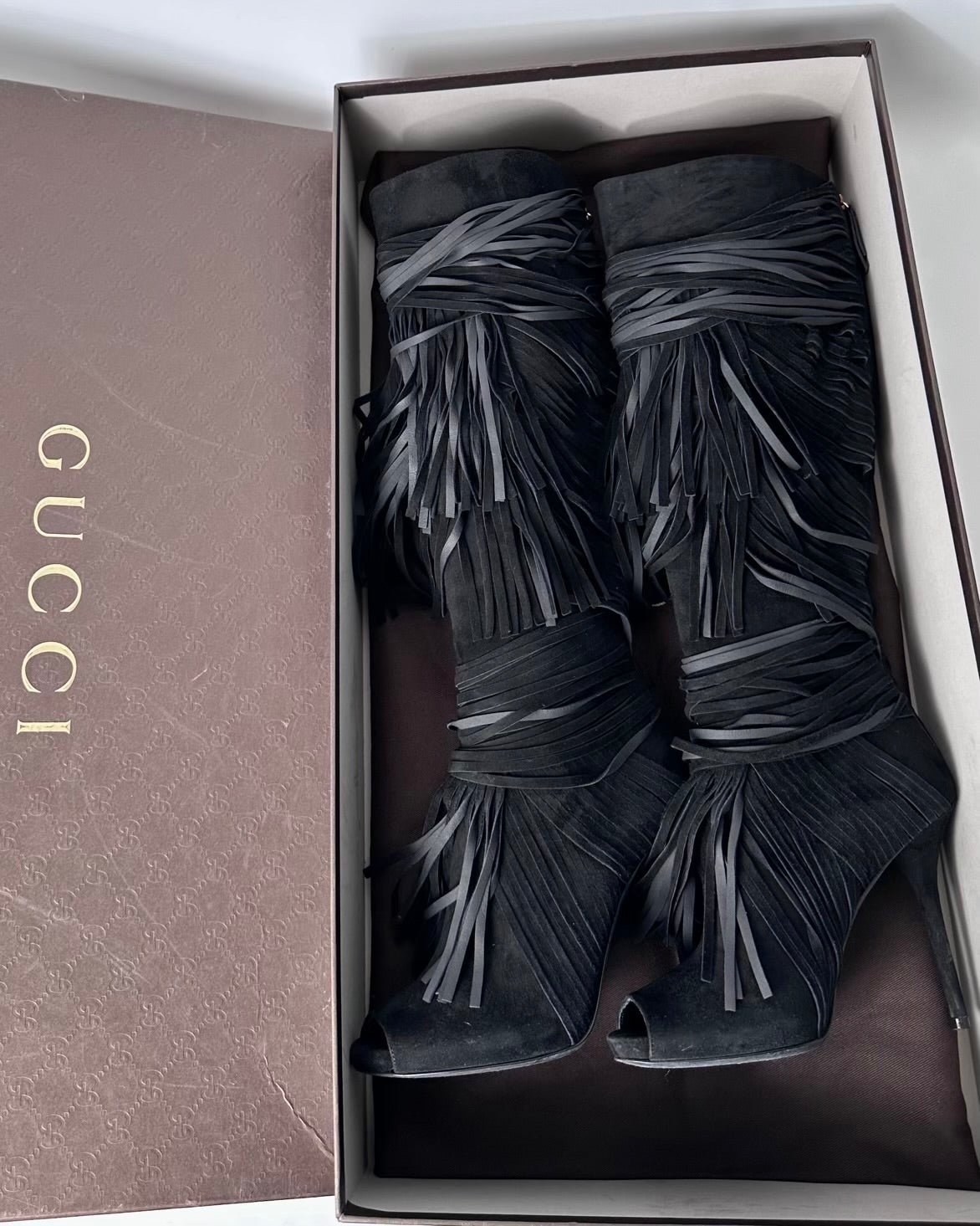 Gucci Becky Suede Fringe Peep Toe Boots — 36/37