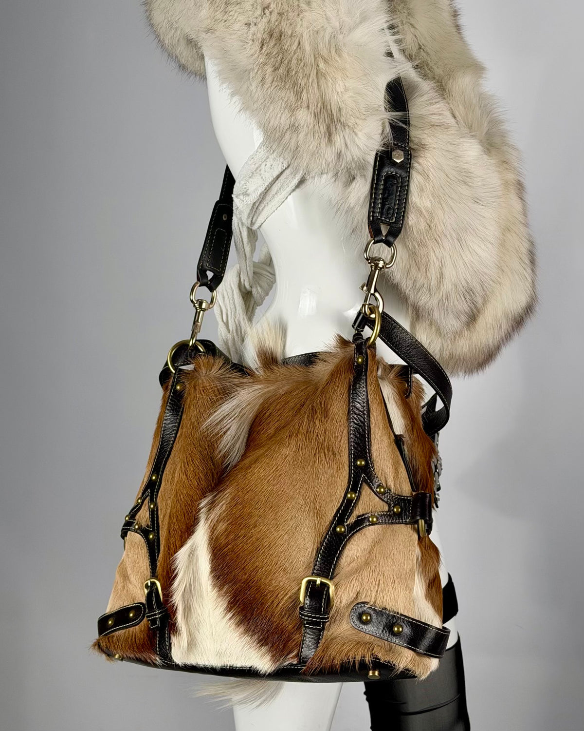 Vintage Cowhide Mohawk Fur Bondage Leather Bag