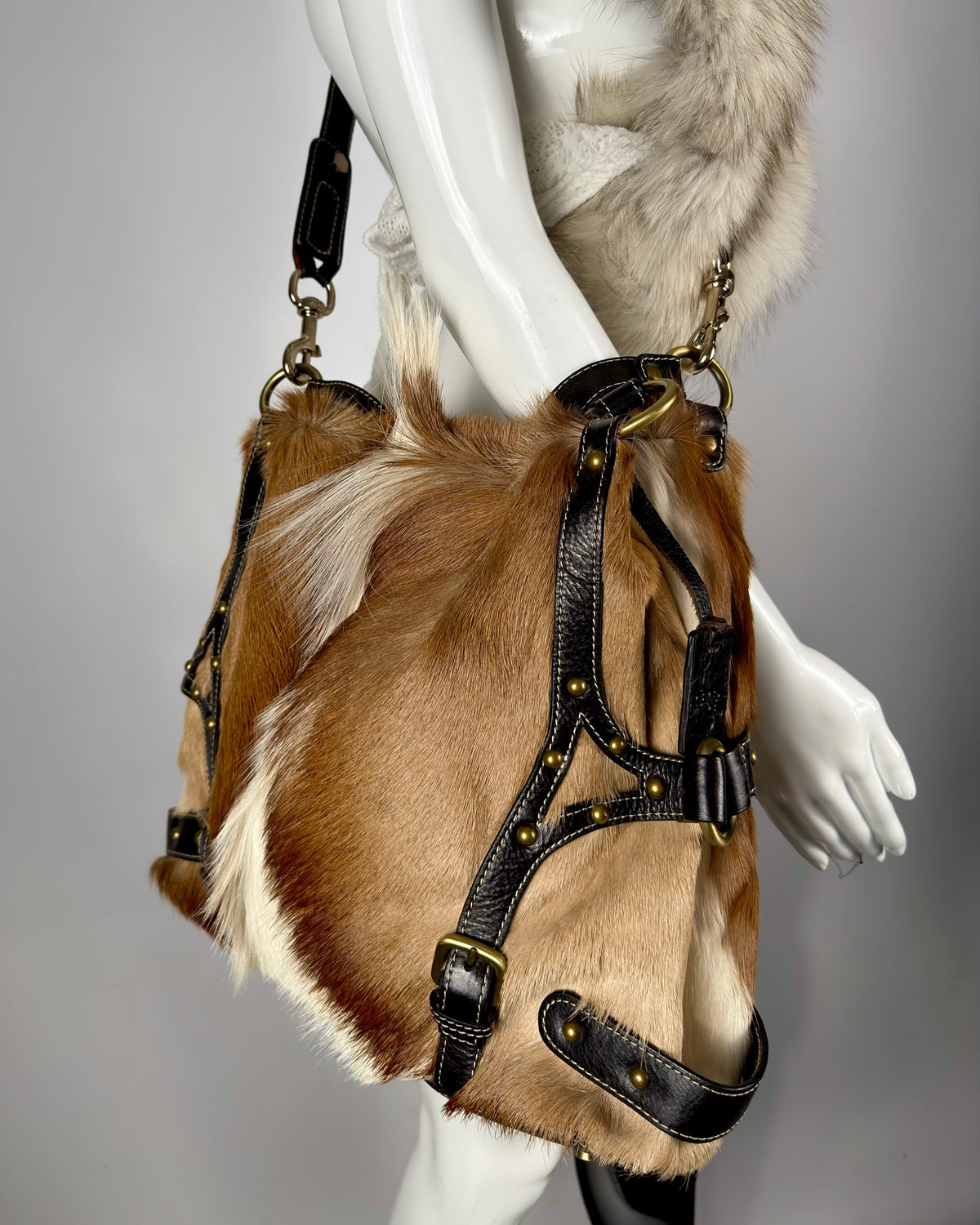 Vintage Cowhide Mohawk Fur Bondage Leather Bag