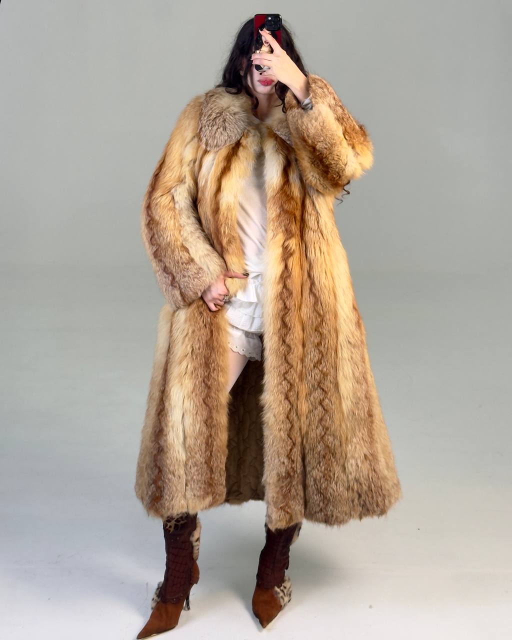 Vintage Long Fluffy Red Fox Fur Coat