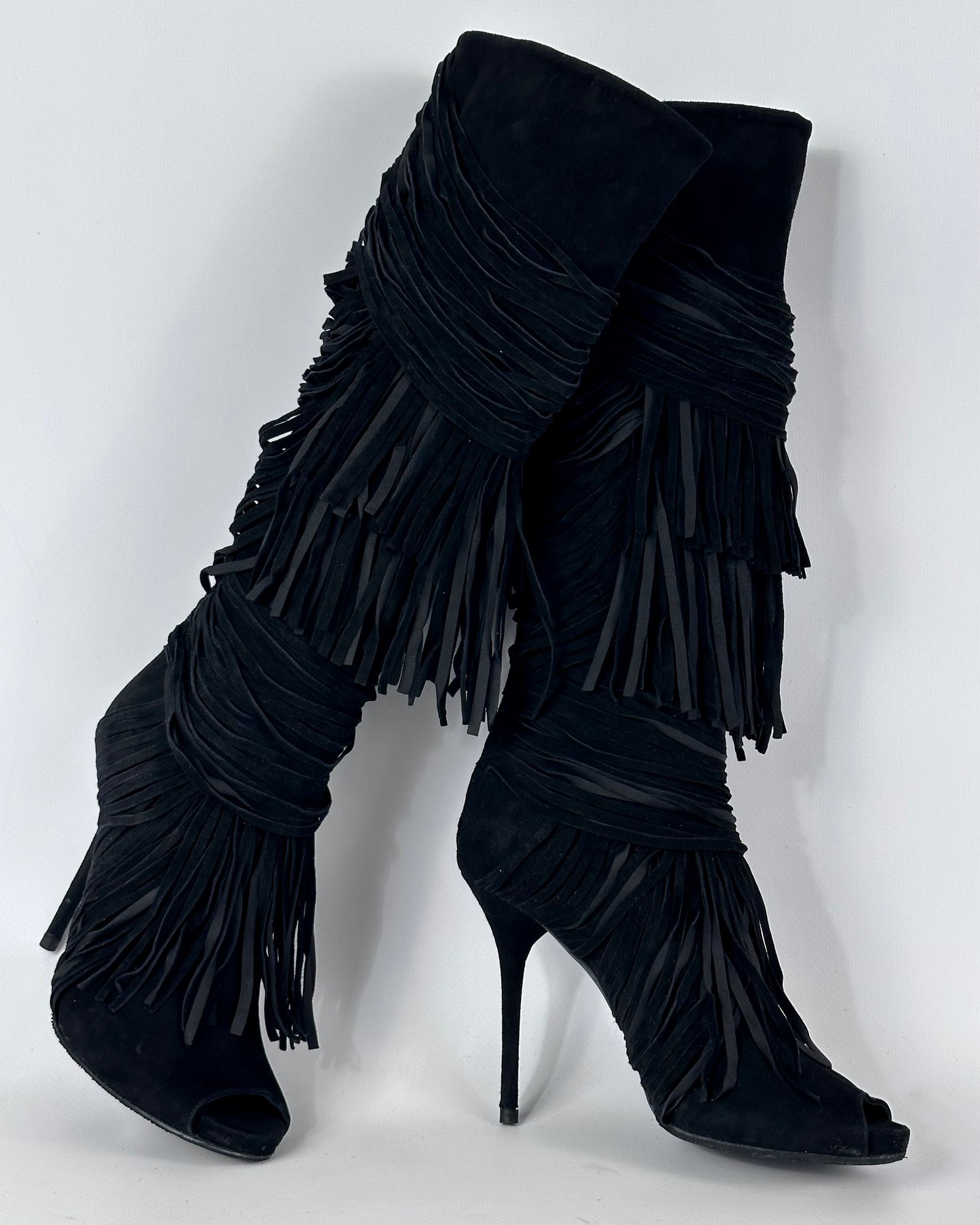 Gucci Becky Suede Fringe Peep Toe Boots — 38/39