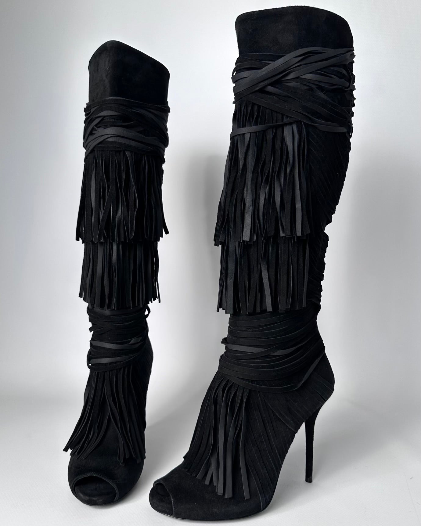 Gucci Becky Suede Fringe Peep Toe Boots — 36/37