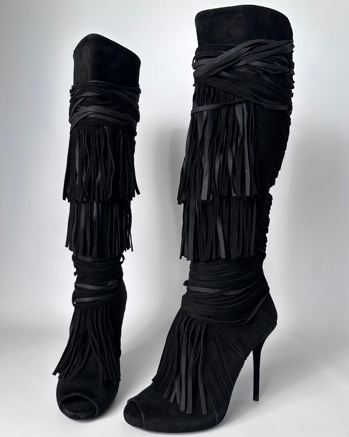 Gucci Becky Suede Fringe Peep Toe Boots — 36/37