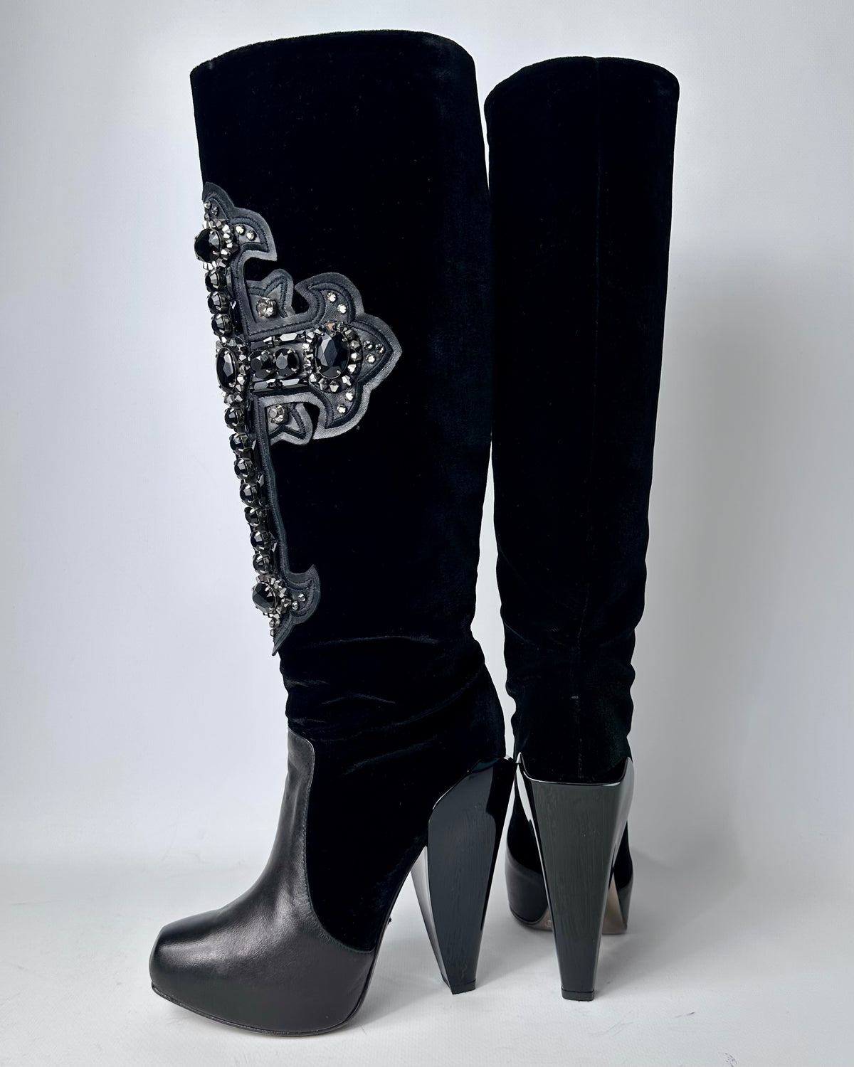 Versace F/W 2012 Velvet Leather Cross Boots — 38.5