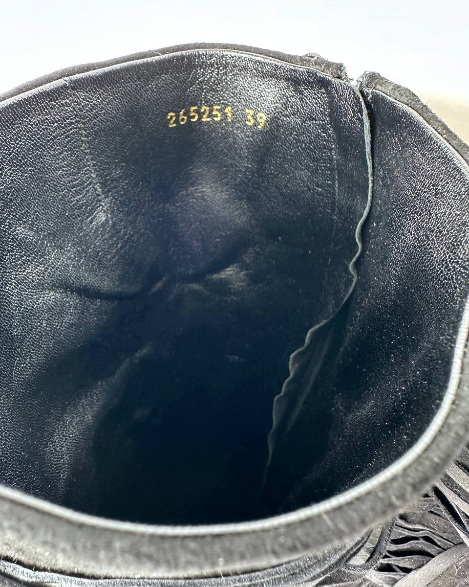 Gucci Becky Suede Fringe Peep Toe Boots — 38/39