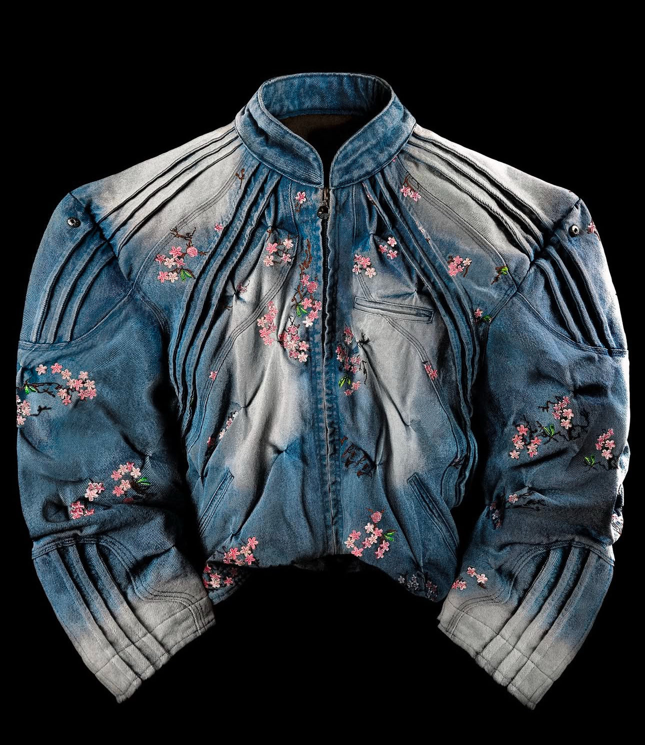 BadSon Denim Sakura Embroidered Bomber Jacket