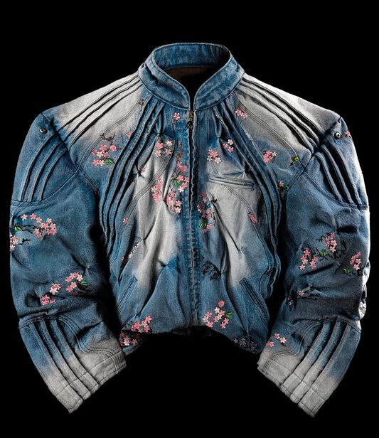 BadSon Denim Sakura Embroidered Bomber Jacket