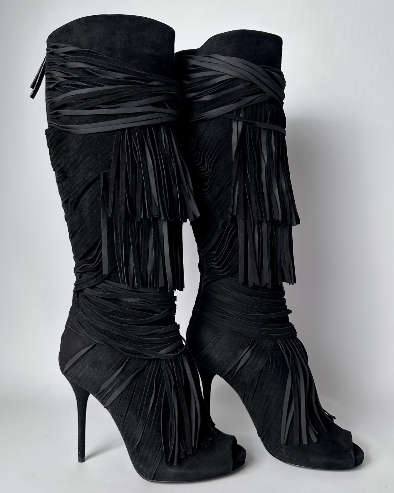 Gucci Becky Suede Fringe Peep Toe Boots — 36/37