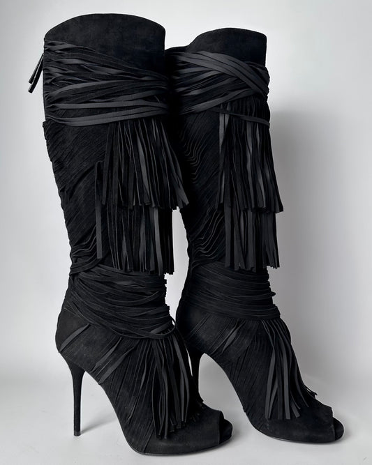 Gucci Becky Suede Fringe Peep Toe Boots — 36/37
