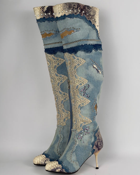 El Dante’s Couture Vintage Denim Boots — 38/39