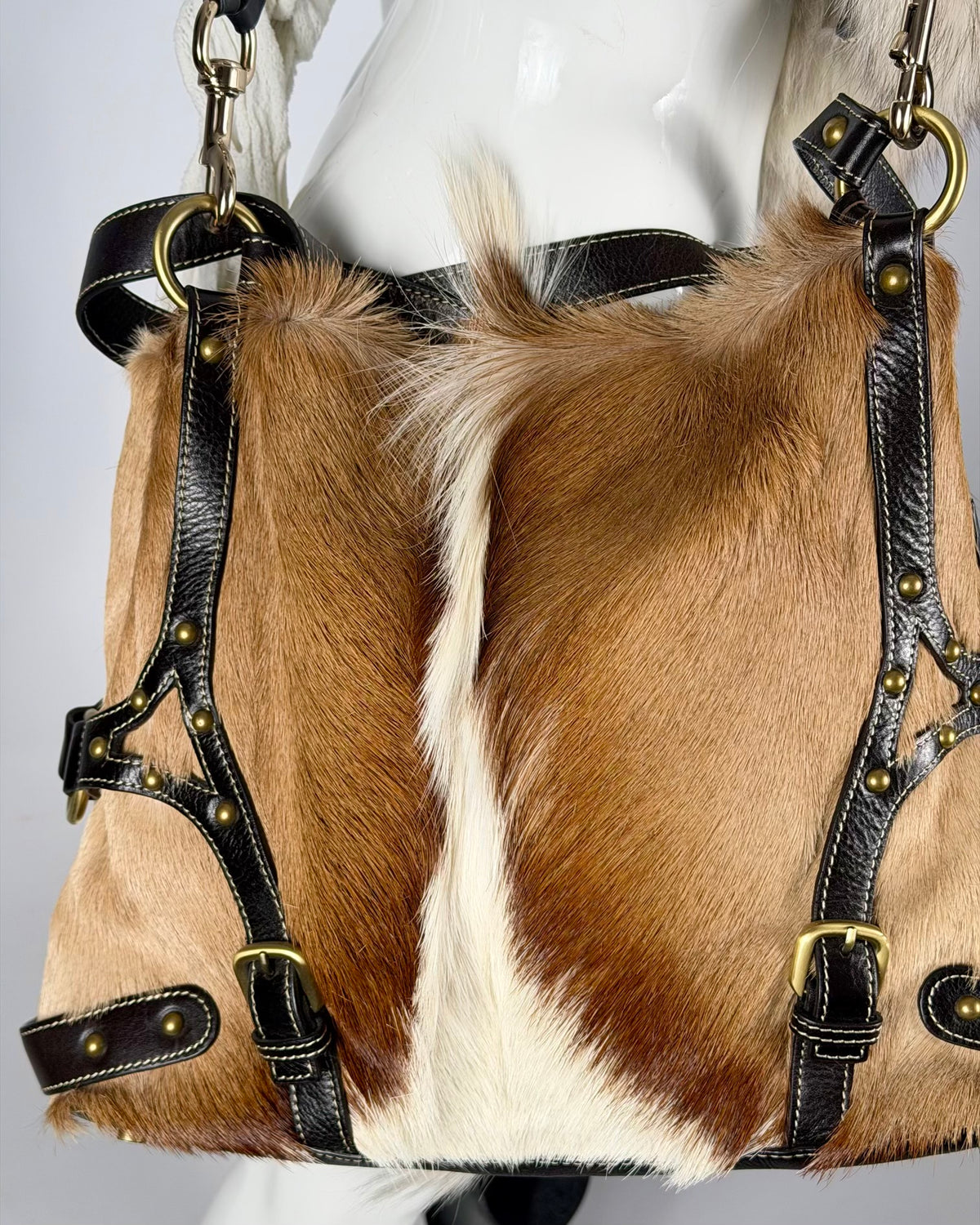 Vintage Cowhide Mohawk Fur Bondage Leather Bag