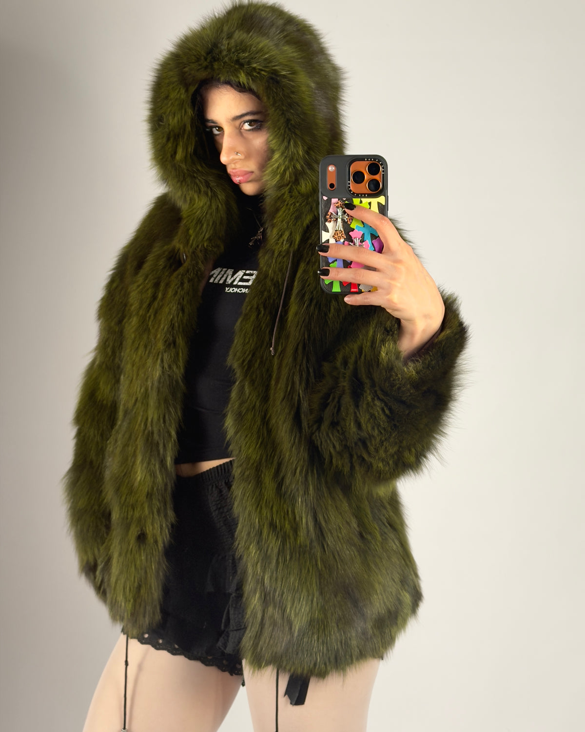 Vintage Fox Fur Hooded Green Jacket — S/M