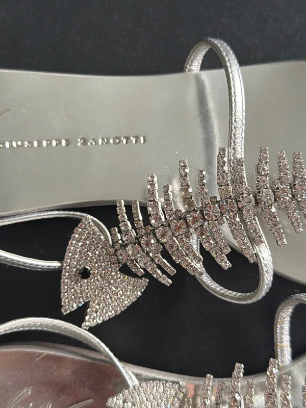 Giuseppe Zanotti Silver Fishbone Sandals — 36