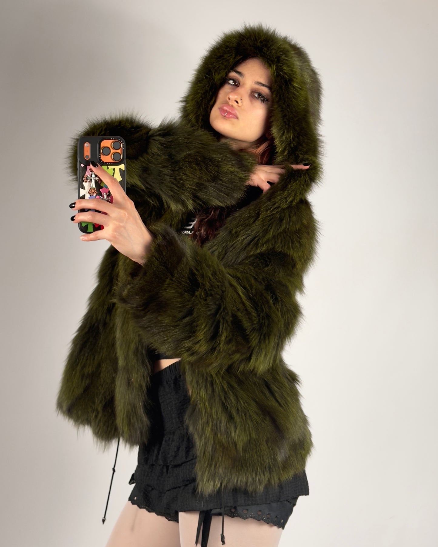 Vintage Fox Fur Hooded Green Jacket — S/M