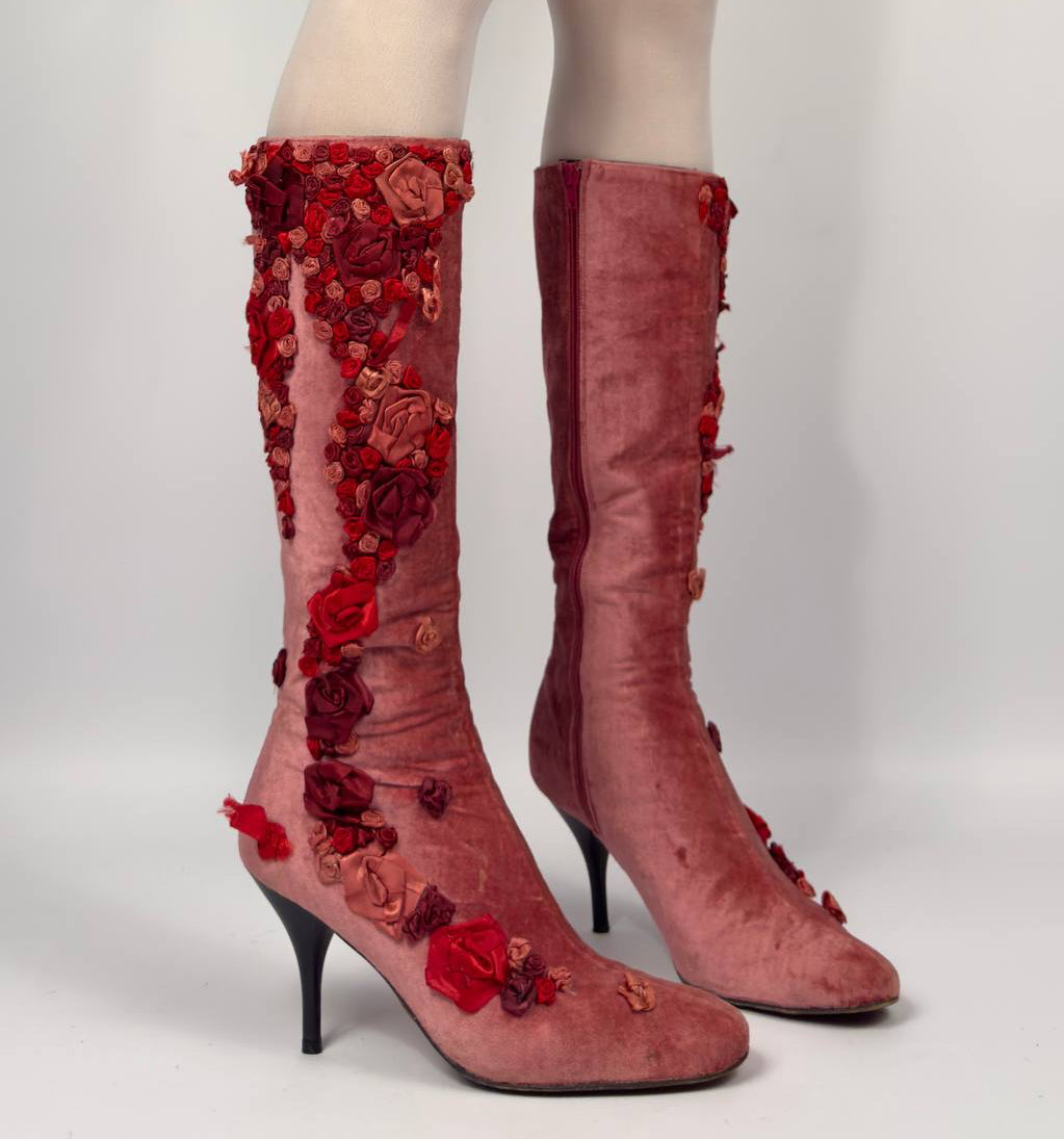 Vintage Velvet Flower Boots — 37