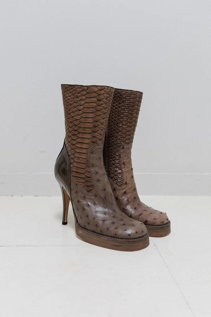 Revillon by Rick Owens FW04 PYTHON SKIN AND OSTRICH LEATHER ANKLE BOOTS 37/37.5