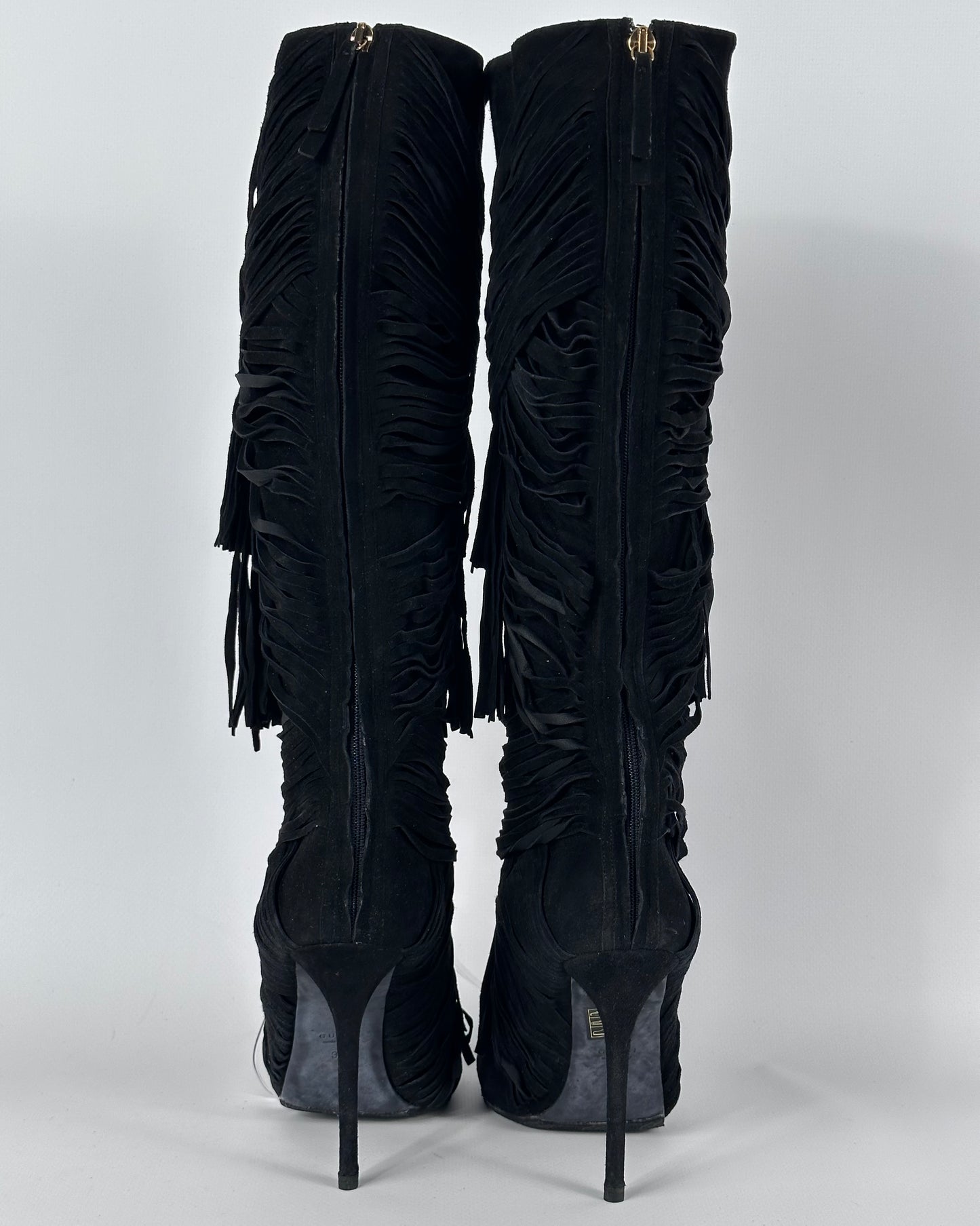 Gucci Becky Suede Fringe Peep Toe Boots — 38/39