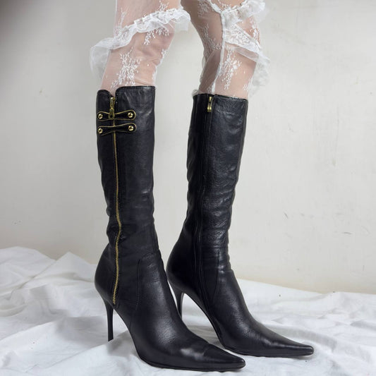 Vintage Black Leather Zipper Boots 40/40.5
