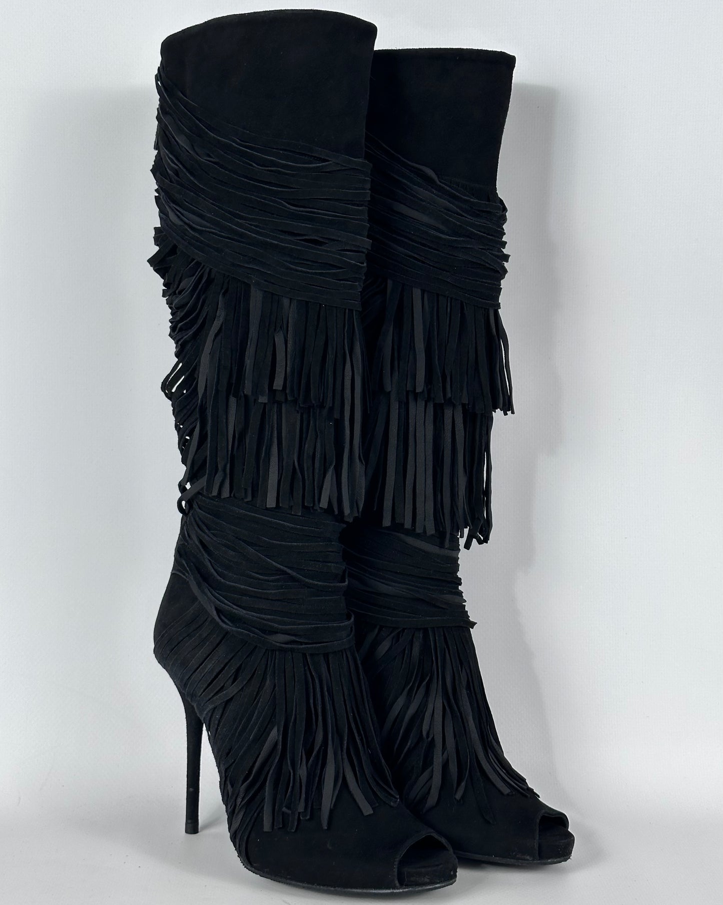 Gucci Becky Suede Fringe Peep Toe Boots — 38/39