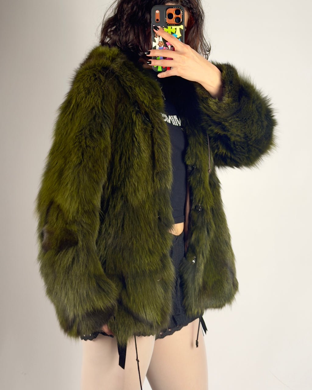 Vintage Fox Fur Hooded Green Jacket — S/M