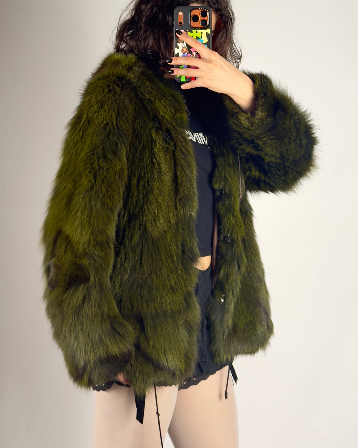 Vintage Fox Fur Hooded Green Jacket — S/M