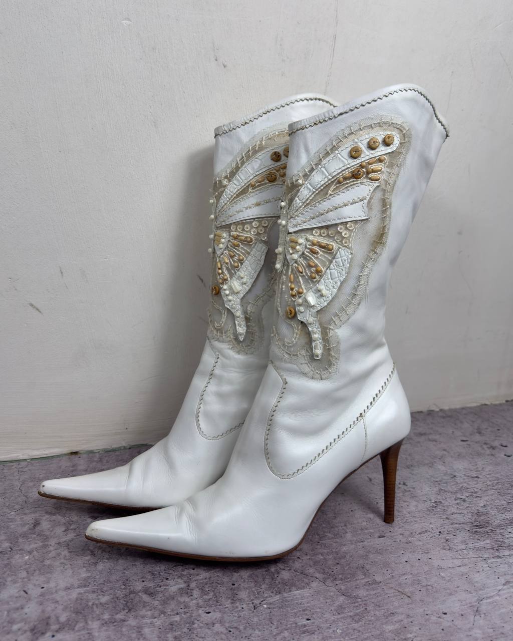 Le Silla Butterfly White Leather Beaded Boots 38/38.5