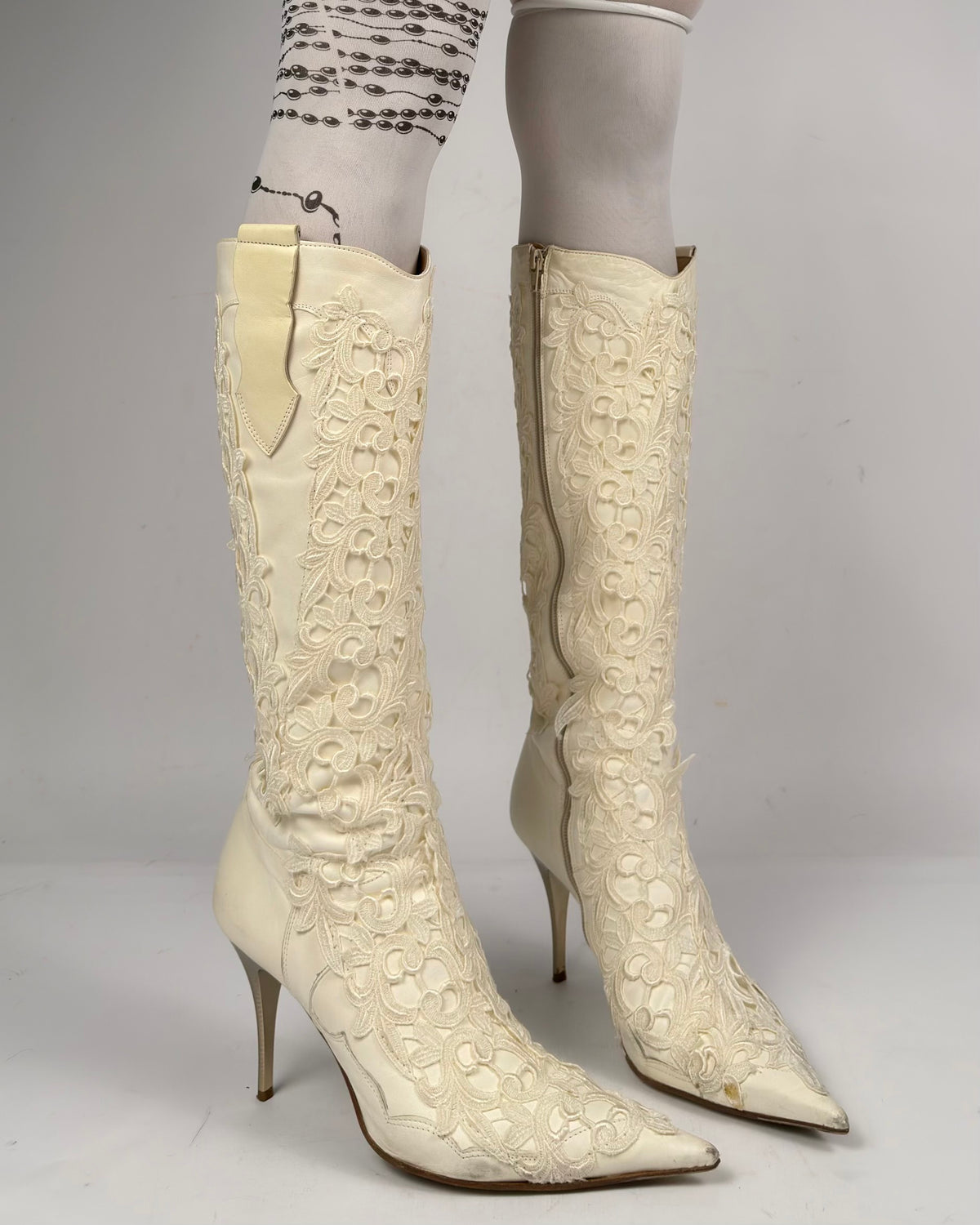 Vintage Italian Lace Appliqué Leather Boots — 40