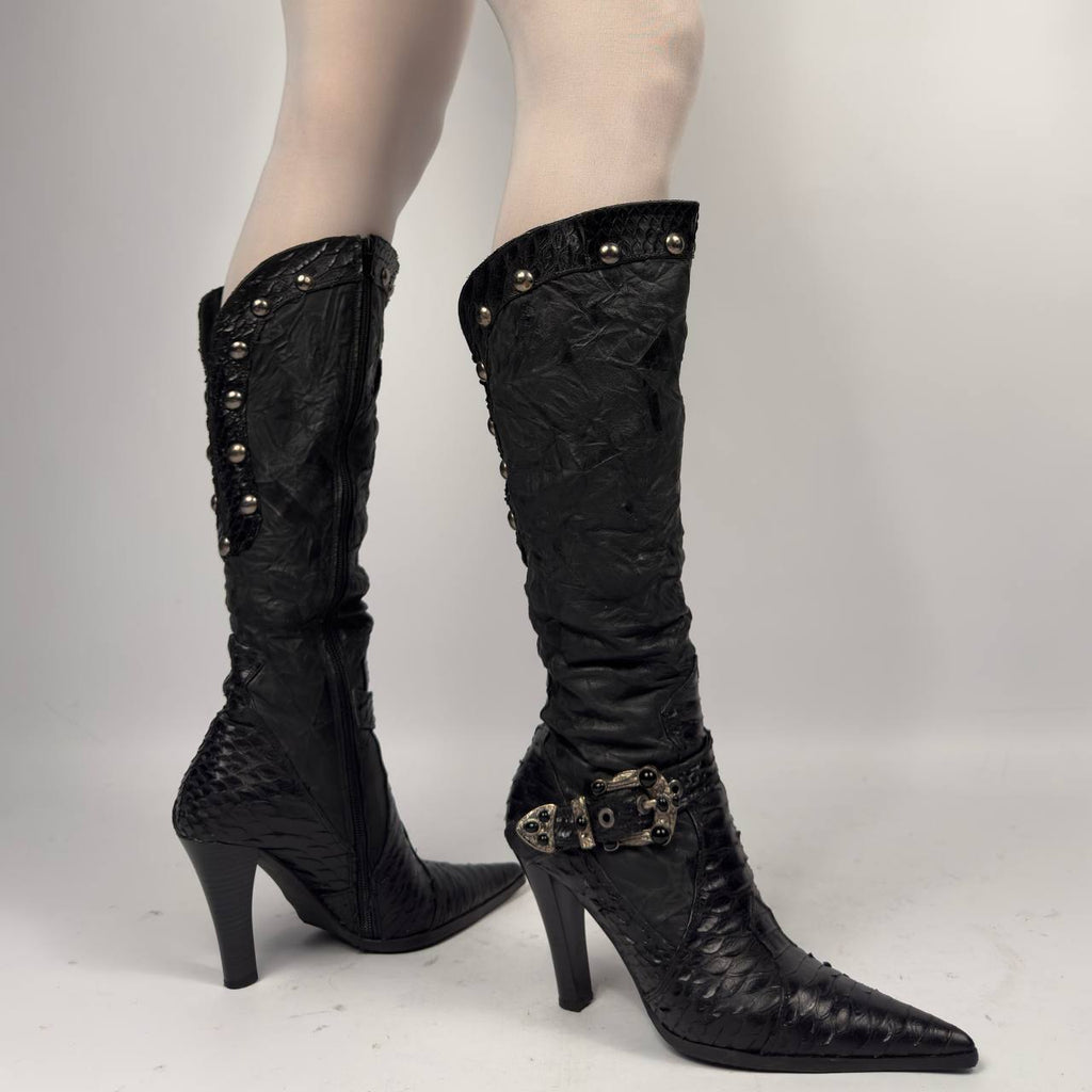 Vintage Leather Python Buckle Boots — 38