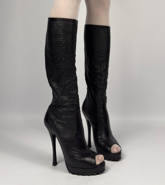 Vintage Italian Leather Peep Toe Boots — 37/38