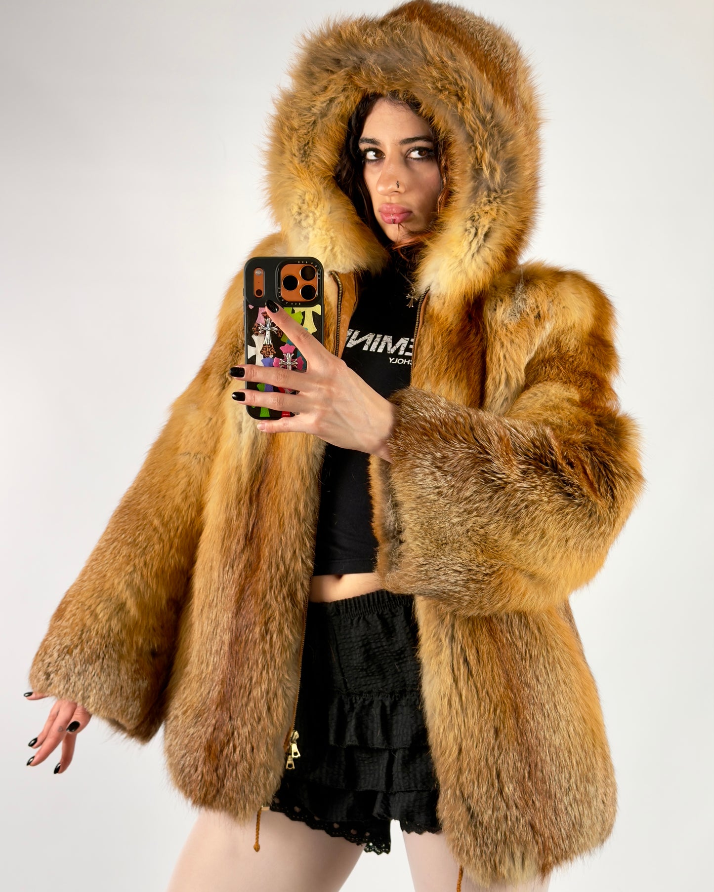 Vintage Fox Hooded Fur Jacket  — XS/M