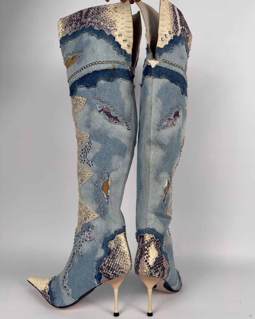 El Dante’s Couture Vintage Denim Boots — 38