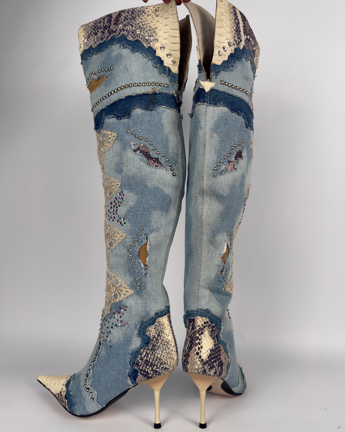 El Dante’s Couture Vintage Denim Boots — 38