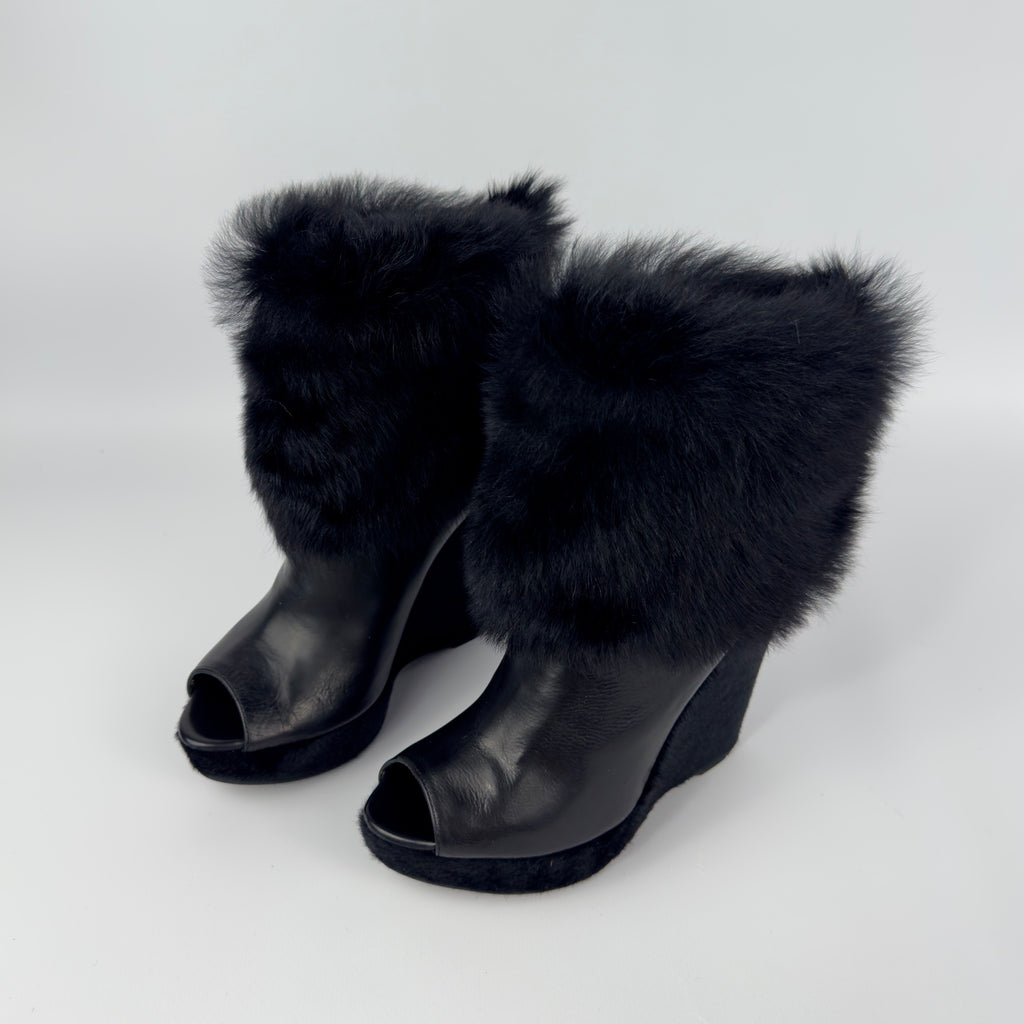 Prada Vintage Fur Wedge Peep Toe Booties — 36.5