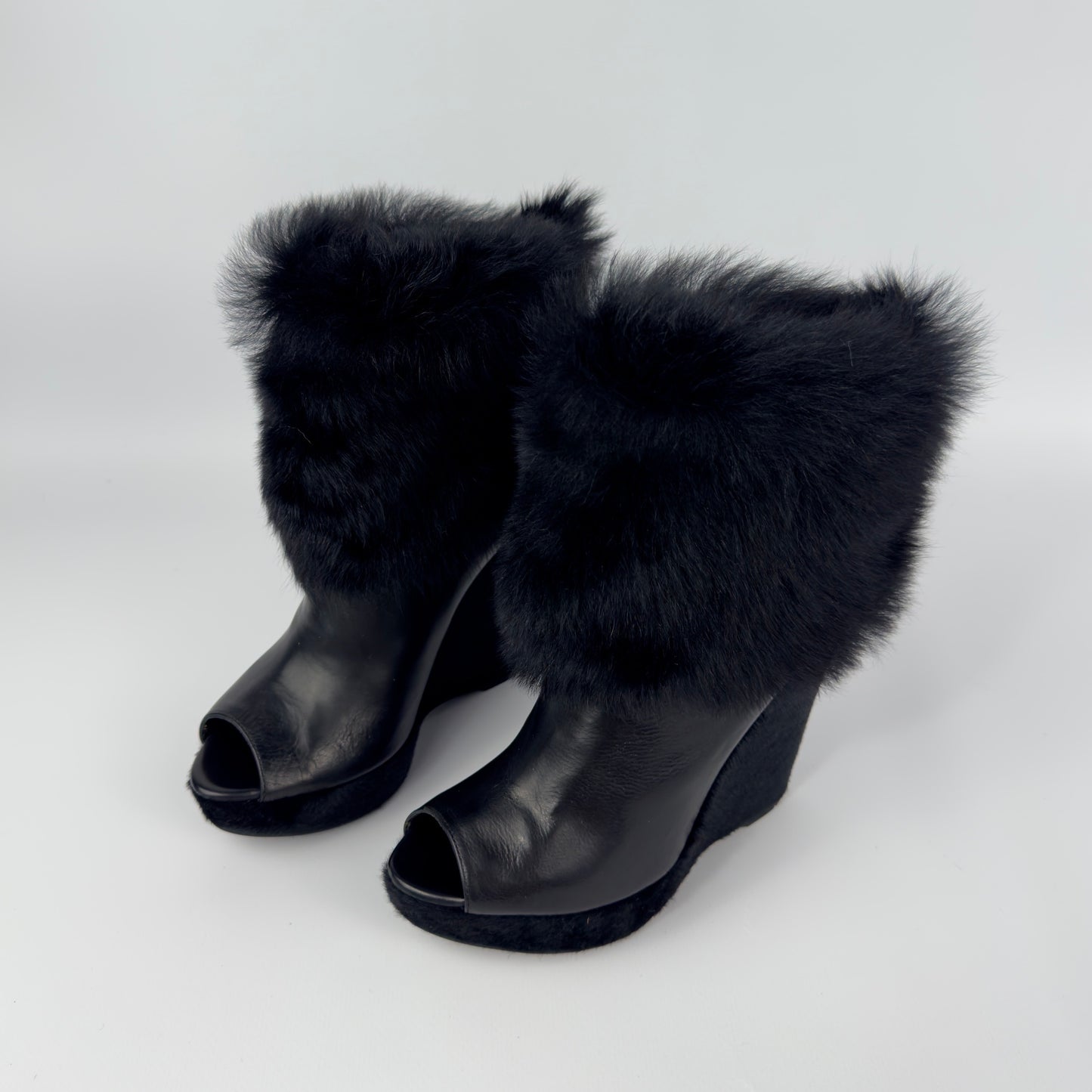Prada Vintage Fur Wedge Peep Toe Booties — 36.5