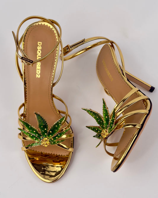 Dsquared2 Marija Leaf Gold Strap Sandals SS05 reissue for SS24 — 37.5/38