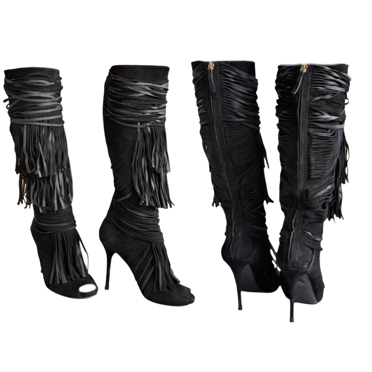 Gucci Becky Suede Fringe Peep Toe Boots — 36/37