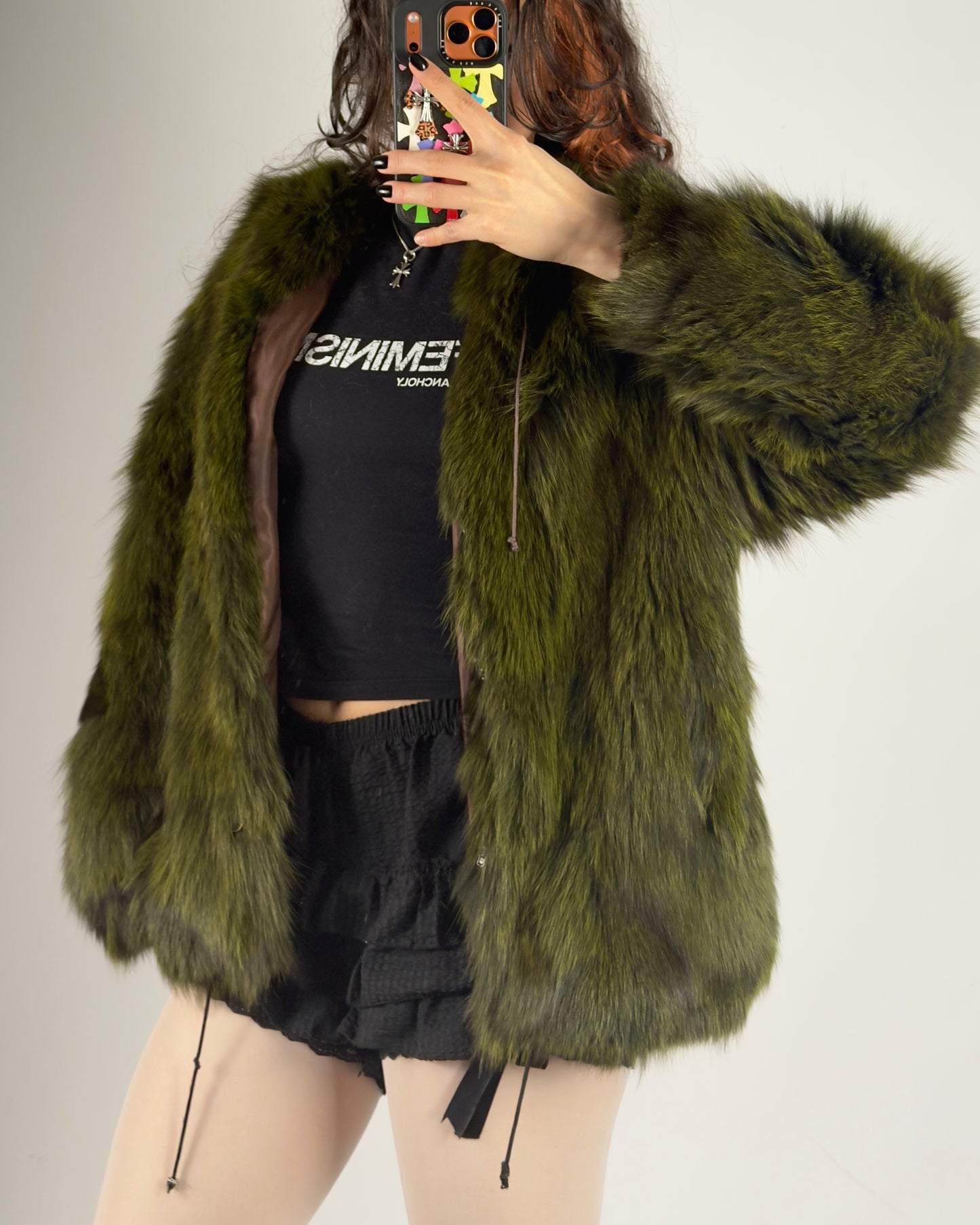 Vintage Fox Fur Hooded Green Jacket — S/M
