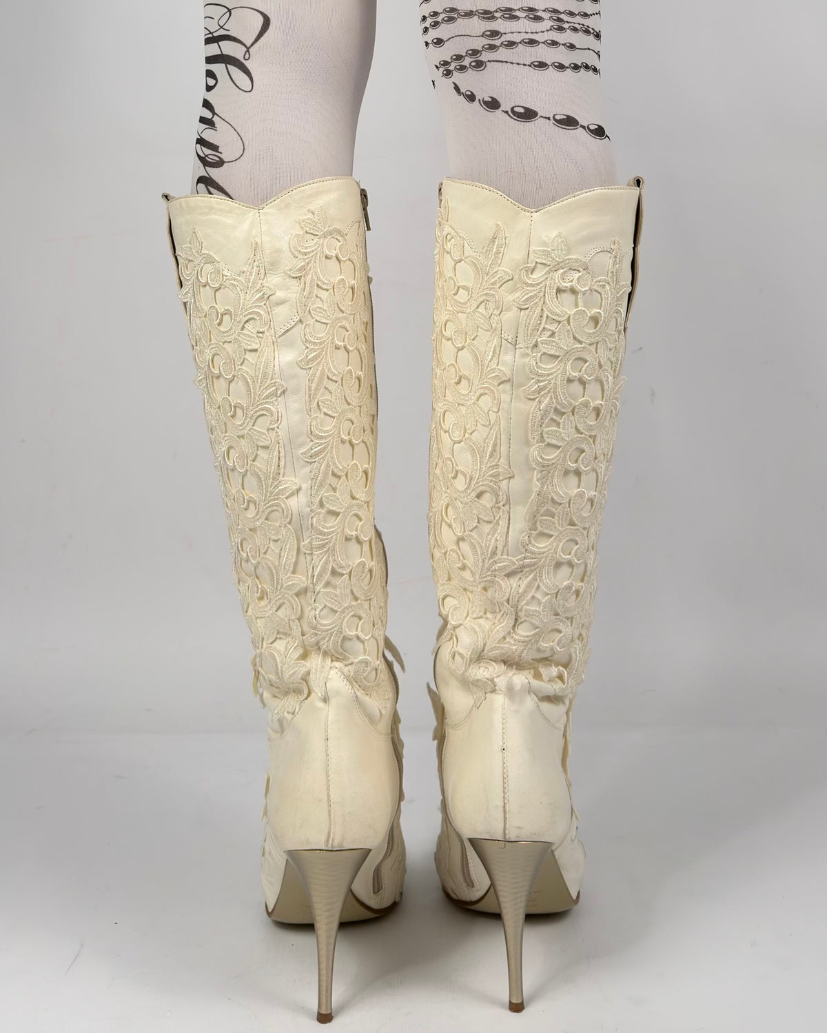 Vintage Italian Lace Appliqué Leather Boots — 40