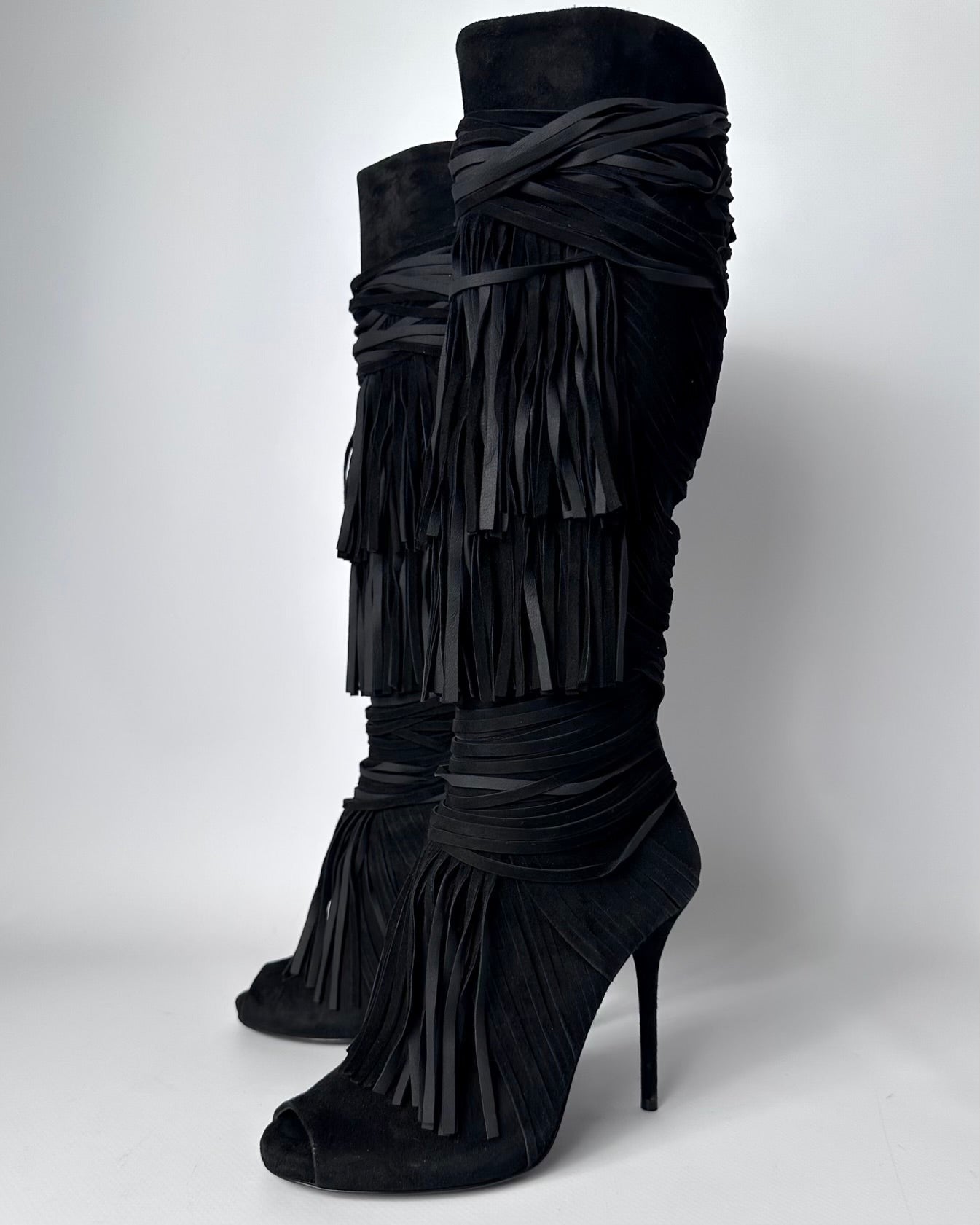 Gucci Becky Suede Fringe Peep Toe Boots — 36/37