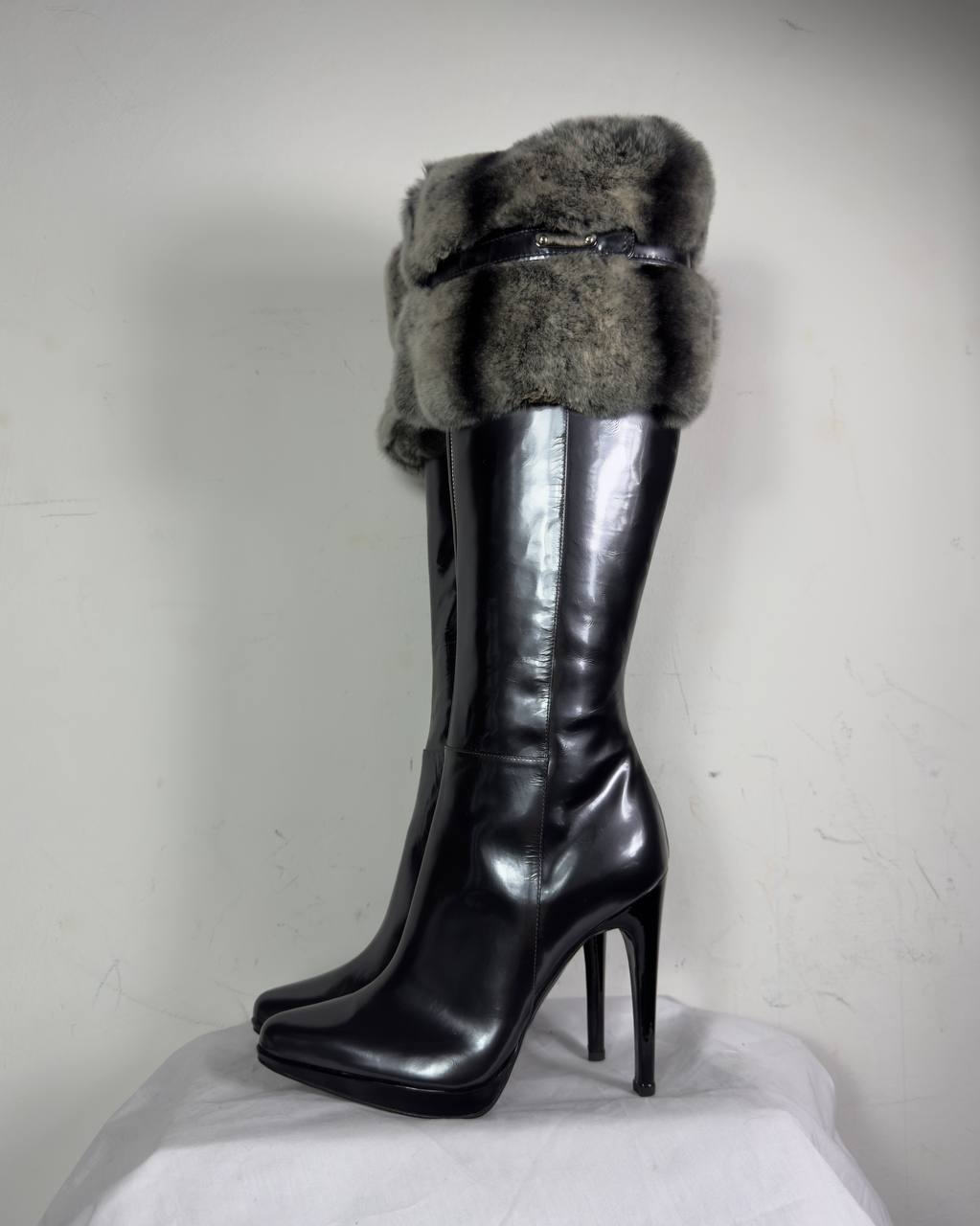 Casadei Vintage Italian Patent Leather & Fur Boots — 36