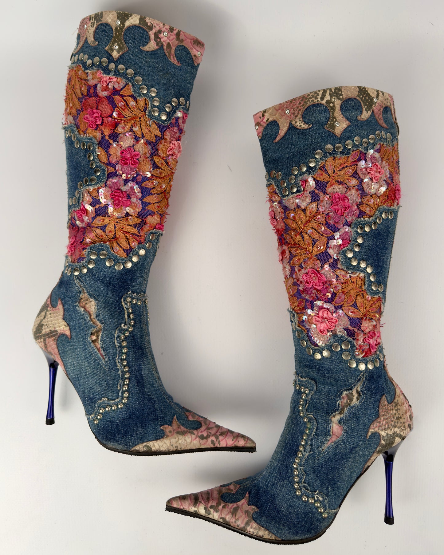 El Dante’s Couture Vintage Denim Boots — 36