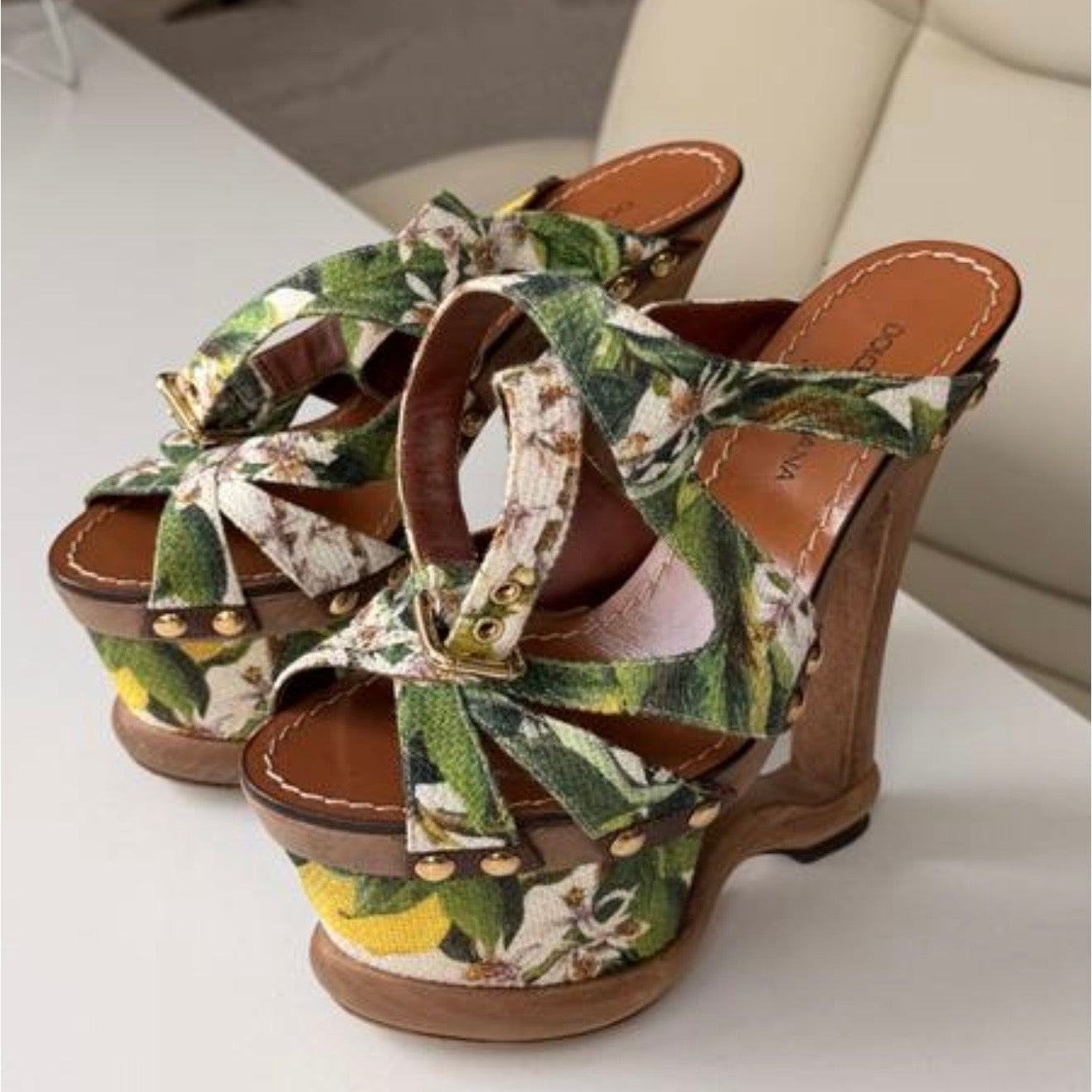 Dolce Gabbana Vintage Floral Cut Out Wedge Heels — 37
