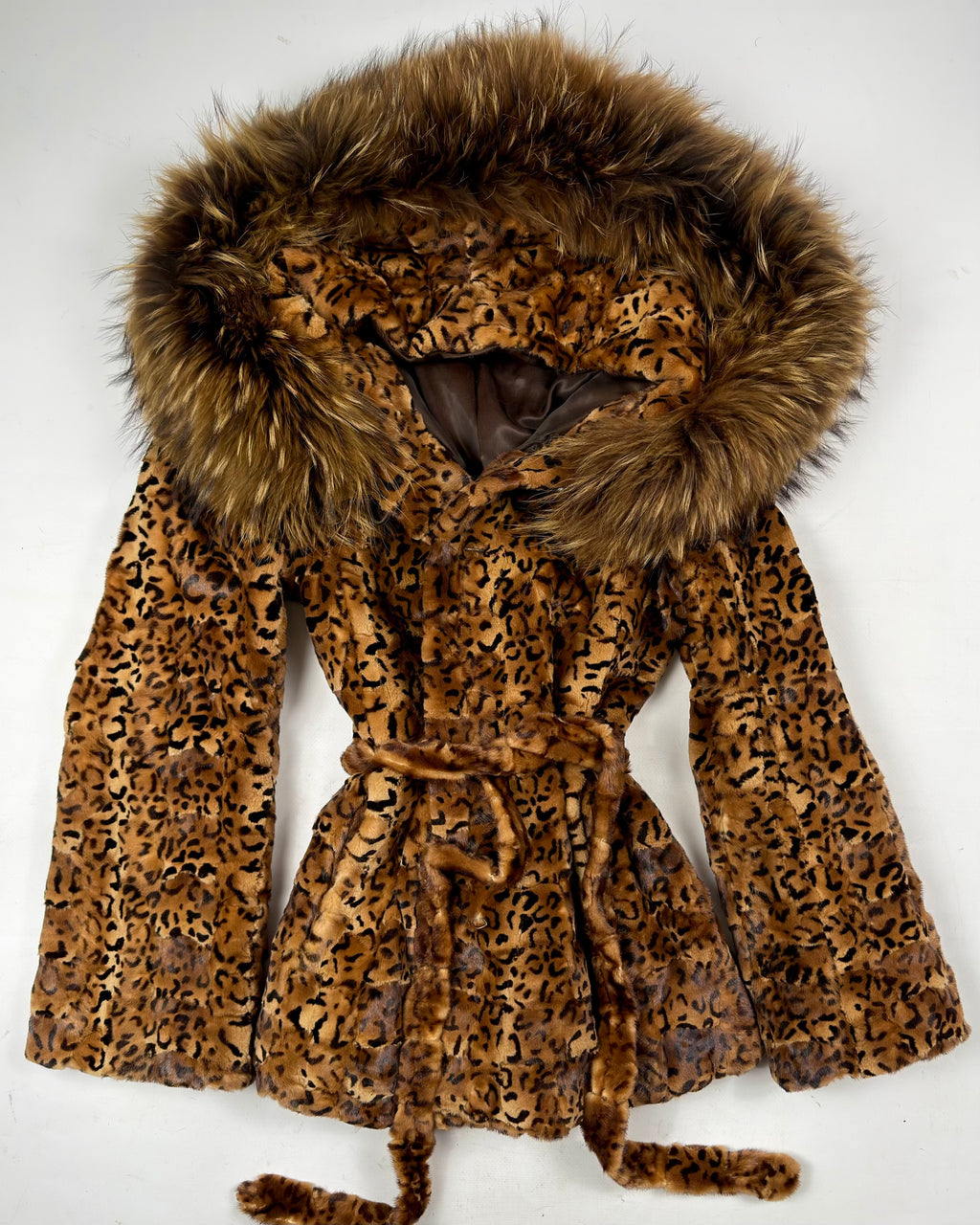 Vintage Mink Leopard Print Hooded Jacket with Fox Collar  — S/M